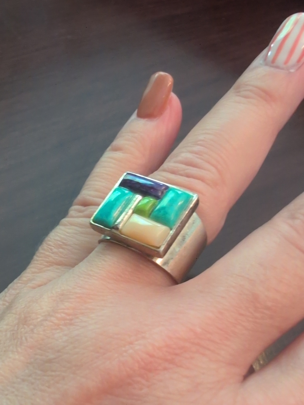 Desert Rose Tradung Inlay Sterling Silver Ring - Turquoise, Teal & Cream